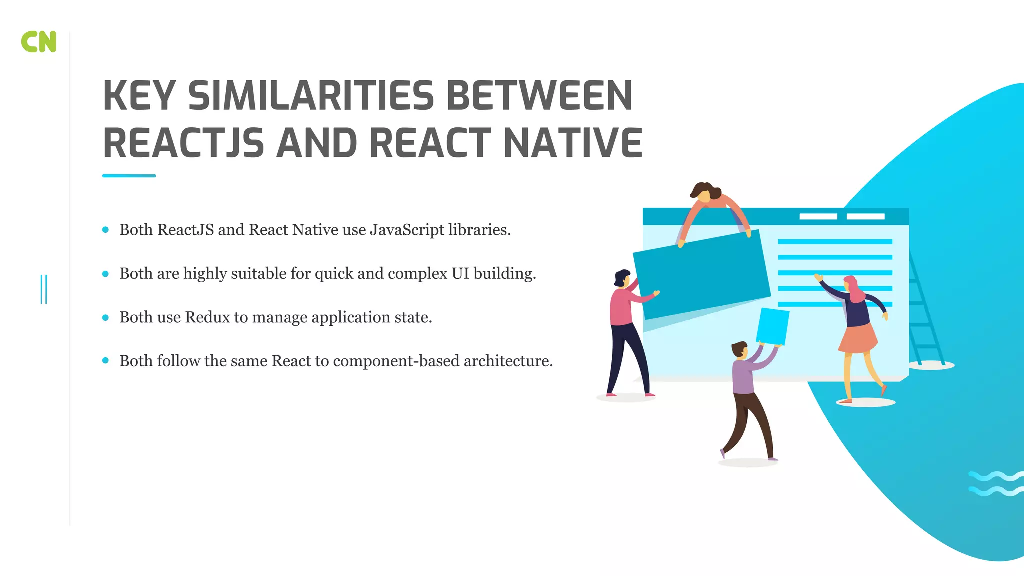 KEY SIMILARITIES BETWEEN REACTJS AND REACT NATIVE Both ReactJS and React Native use JavaScript libraries. Both are highly suitable for quick and complex UI building. Both use Redux to manage application state. Both follow the same React to component-based architecture. 