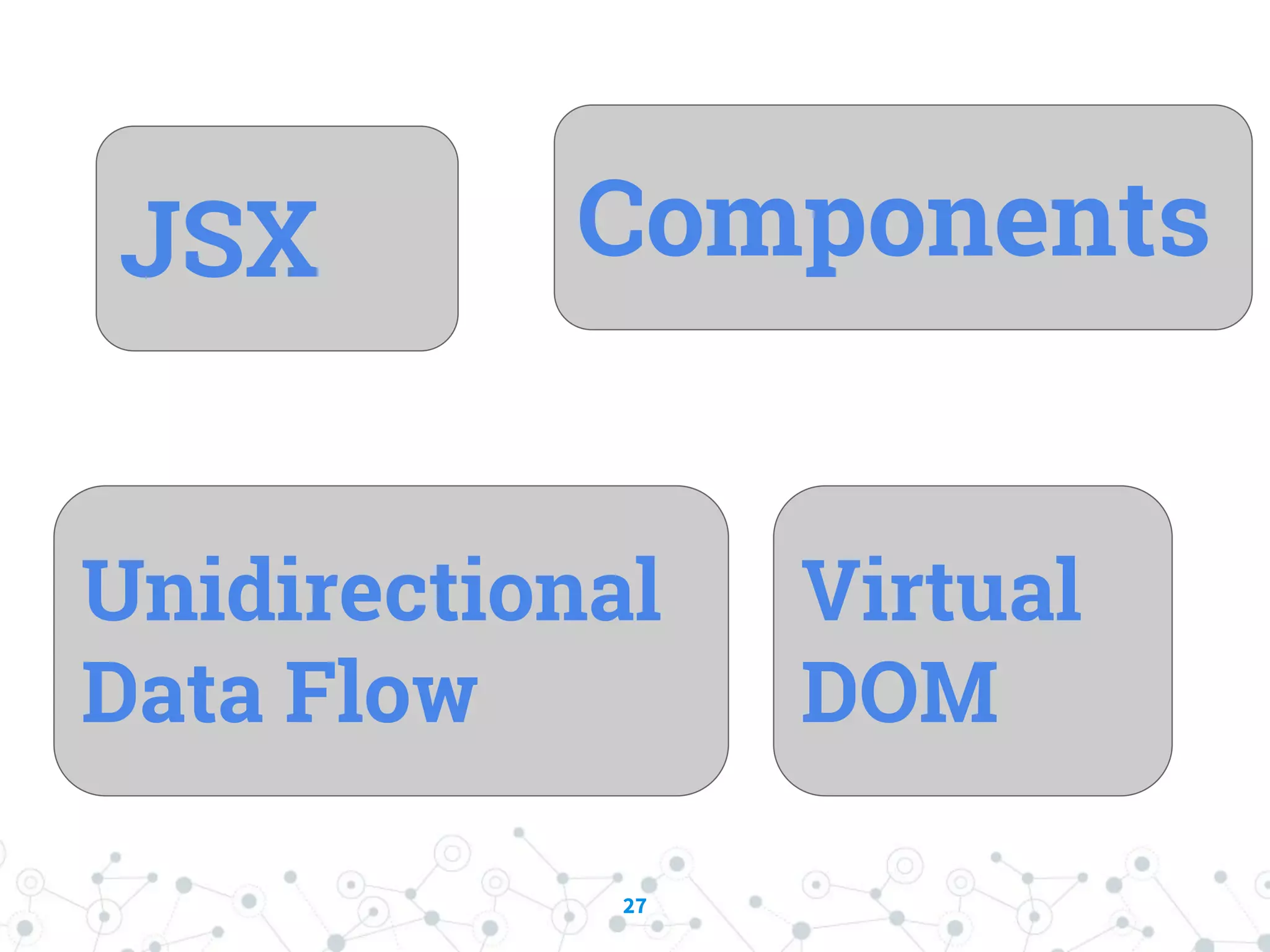 27 JSX Components Unidirectional Data Flow Virtual DOM 