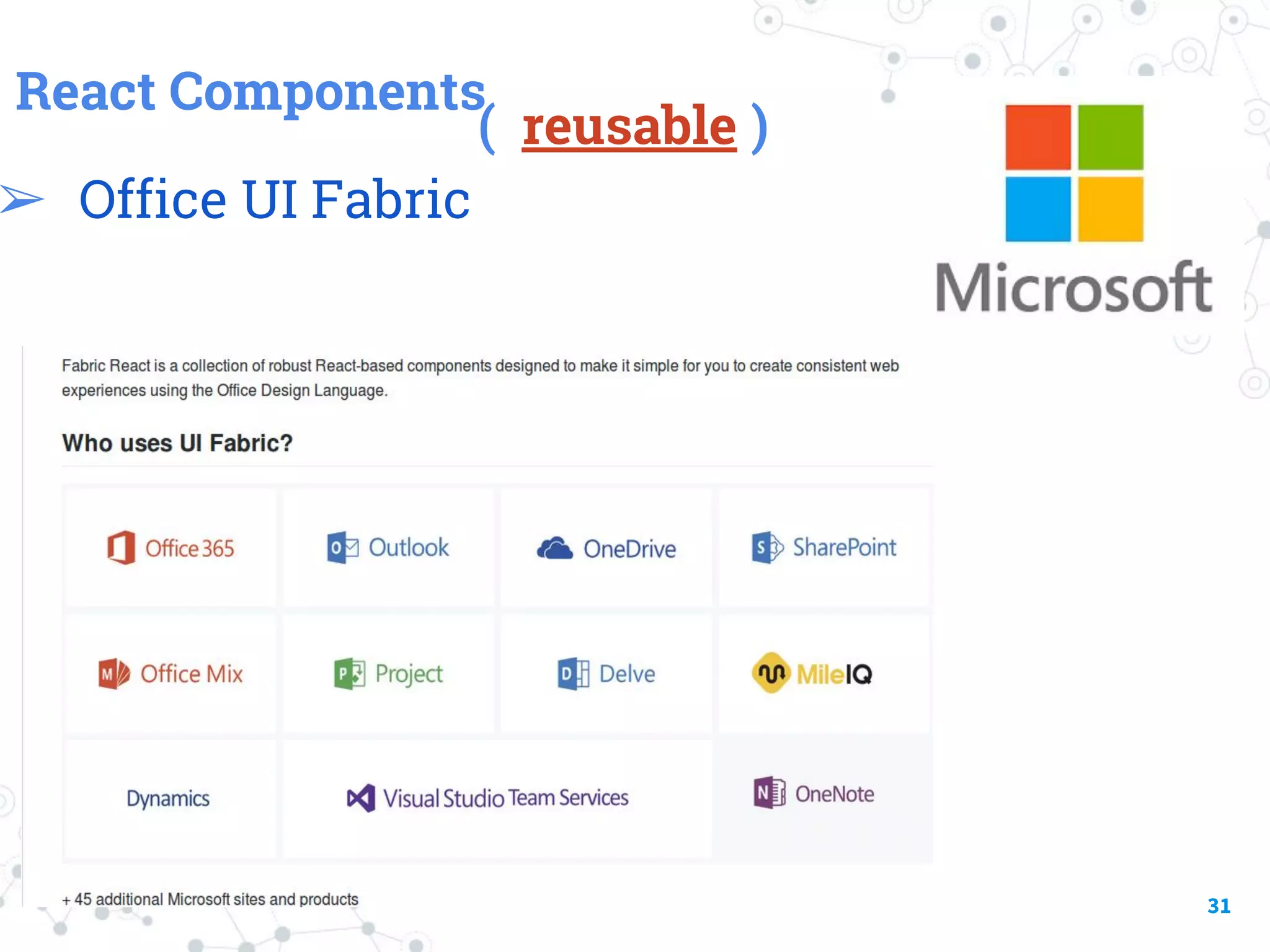 React Components ( reusable ) ➢ Office UI Fabric 31 
