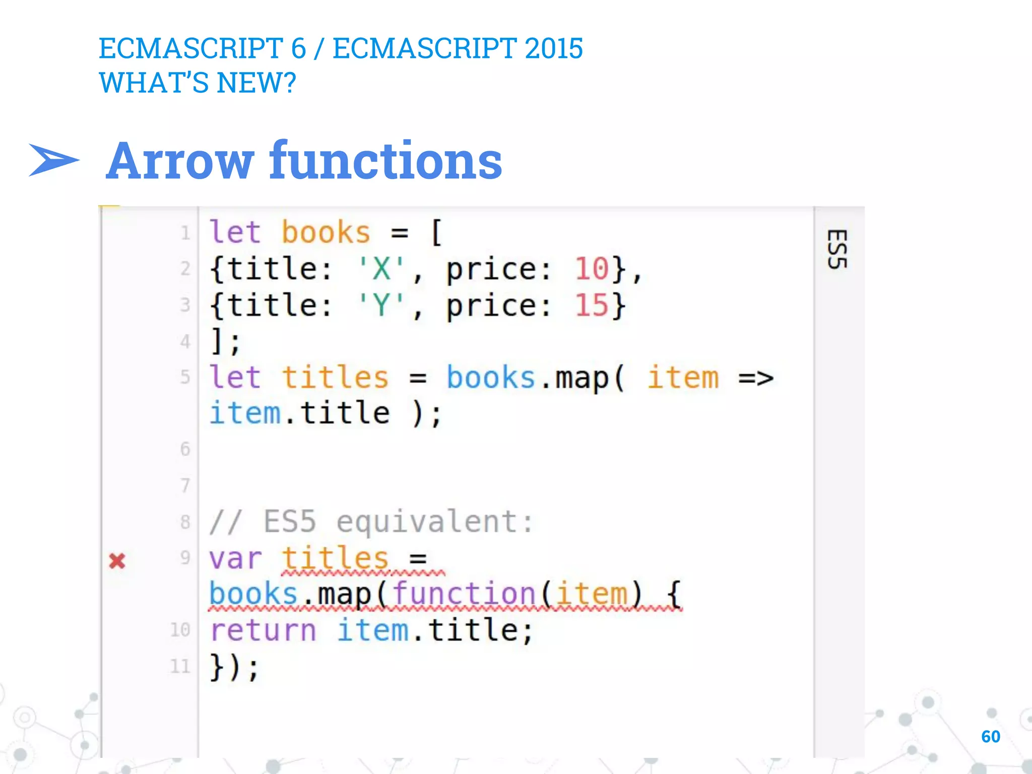 ECMASCRIPT 6 / ECMASCRIPT 2015 WHAT’S NEW? 60 ➢ Arrow functions 