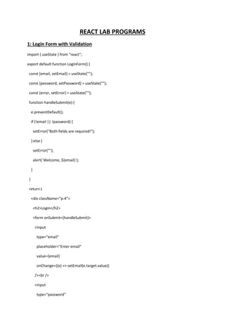 React Lab Programs with Descriptions and explanations | PDF