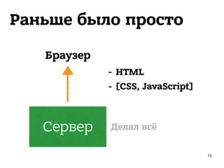 Раньше было просто
Сервер
Браузер
- HTML
- [CSS, JavaScript]
Делал всё
13
 