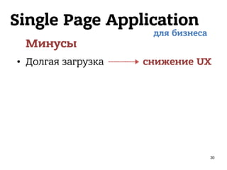 Single Page Application
Минусы
• Долгая загрузка
для бизнеса
снижение UX
30
 