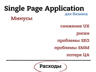 Single Page Application
Минусы
для бизнеса
снижение UX
риски
проблемы SEO
проблемы SMM
потеря ЦА
Расходы
 