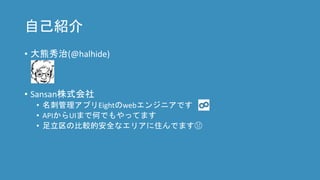 自己紹介
• 大熊秀治(@halhide)
• Sansan株式会社
• 名刺管理アプリEightのwebエンジニアです
• APIからUIまで何でもやってます
• 足立区の比較的安全なエリアに住んでます😱
 