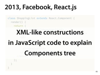 2013, Facebook, React.js
XML-like constructions
in JavaScript code to explain
Components tree
48
 