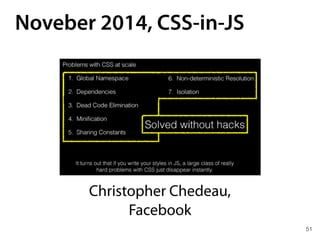 Noveber 2014, CSS-in-JS
Christopher Chedeau,
Facebook
51
 