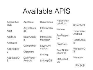 Available APIS
ActionShee
tIOS
Alert
AlertIOS
Animated
AppRegistr
y
AppStateIO
S
AppState
AsyncStora
ge
BackAndroi
d
CameraRoll
Clipboard
DatePicker
Android
Dimensions
IntentAndro
id
Interaction
Manager
LayoutAni
mation
Linking
LinkingIOS
NativeMeth
odsMixin
NetInfo
PanRespon
der
PixelRatio
PushNotiﬁc
ationIOS
StatusBarI
OS
StyleSheet
TimePicker
Android
ToastAndro
id
VibrationIO
S
Vibration
RN 0.24
 