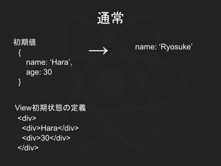 通常
<div>
<div>Hara</div>
<div>30</div>
</div>
{
name: ‘Hara’,
age: 30
}
初期値
→ name: ‘Ryosuke’
View初期状態の定義
 
