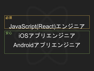 JavaScript(React)エンジニア
iOSアプリエンジニア
Androidアプリエンジニア
必須
安心
 