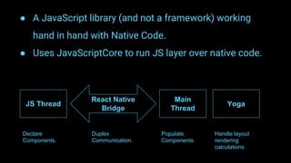 ● A JavaScript library (and not a framework) working
hand in hand with Native Code.
● Uses JavaScriptCore to run JS layer over native code.
JS Thread
React Native
Bridge
Main
Thread
Yoga
Declare
Components.
Duplex
Communication.
Populate
Components.
Handle layout
rendering
calculations
 