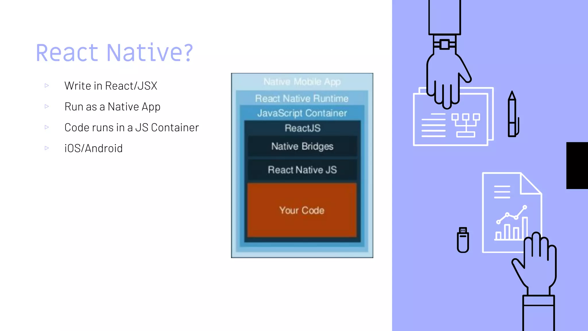 React Native?
▹ Write in React/JSX
▹ Run as a Native App
▹ Code runs in a JS Container
▹ iOS/Android
 