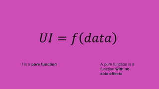 f is a pure function A pure function is a
function with no
side effects
𝑈𝐼 = 𝑓 𝑑𝑎𝑡𝑎
 