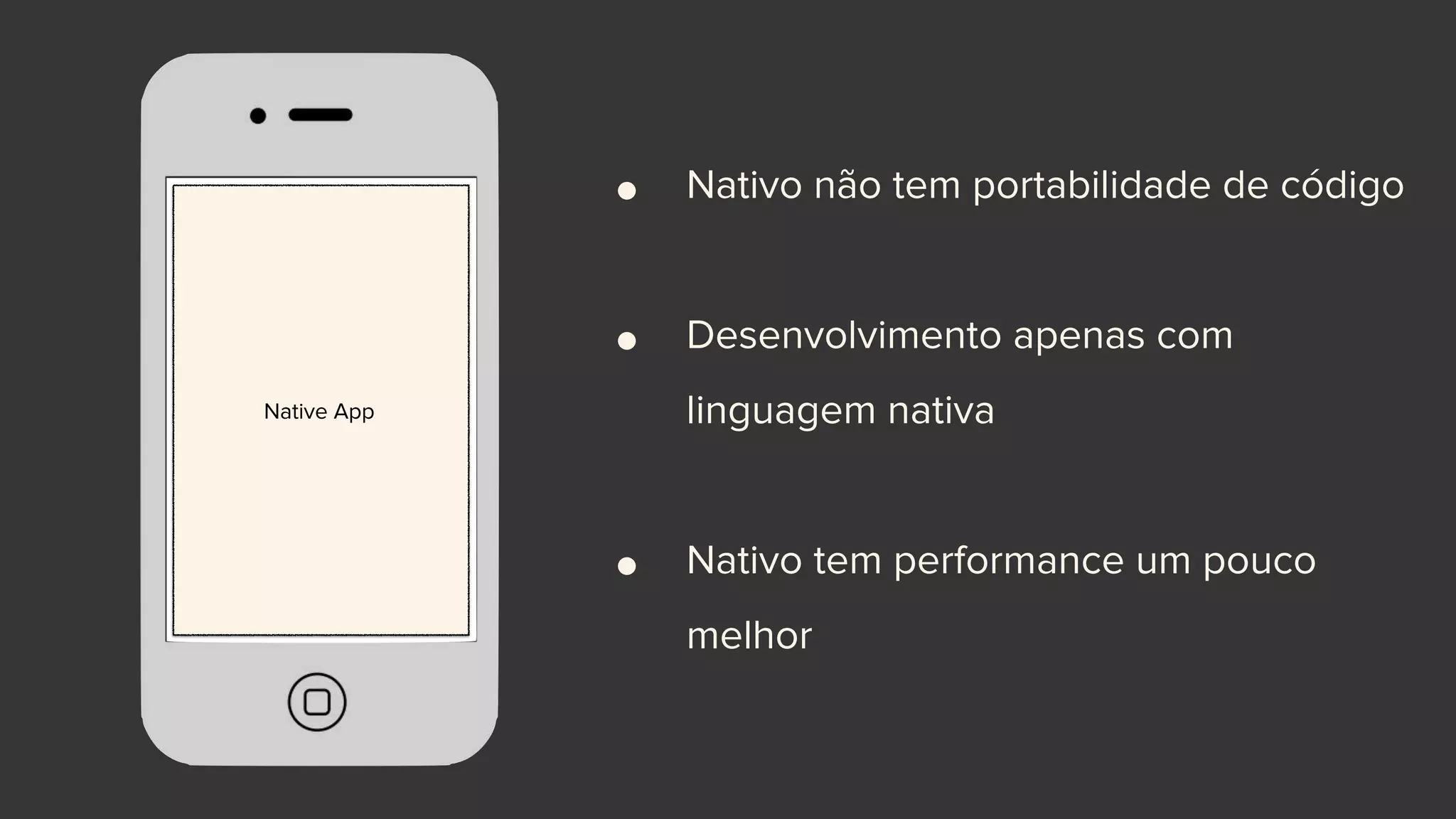 Native App
• Nativo não tem portabilidade de código
• Desenvolvimento apenas com
linguagem nativa
• Nativo tem performance um pouco
melhor
 
