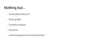 Nothing but...
- AndroidManifest.xml
- Build.gradle
- Graddle.wrapper
- Keystore
- /android/app/src/main/res/mipmap-*
 