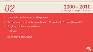 02
- A lentidão já não era mais tão grande
2000 - 2010
mesalva.com
Javascript = comportamento
- Surgiram bibliotecas (muitas)
- Se confiava o suficiente para deixar o JS cuidar do “comportamento”
- jQuery
- Se brincava com AJAX
 