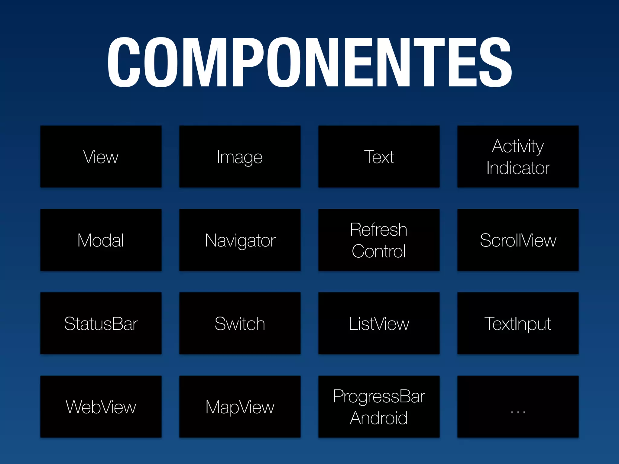 COMPONENTES View Image Text Activity Indicator Modal Navigator Refresh Control ScrollView StatusBar Switch ListView TextInput WebView MapView ProgressBar Android … 