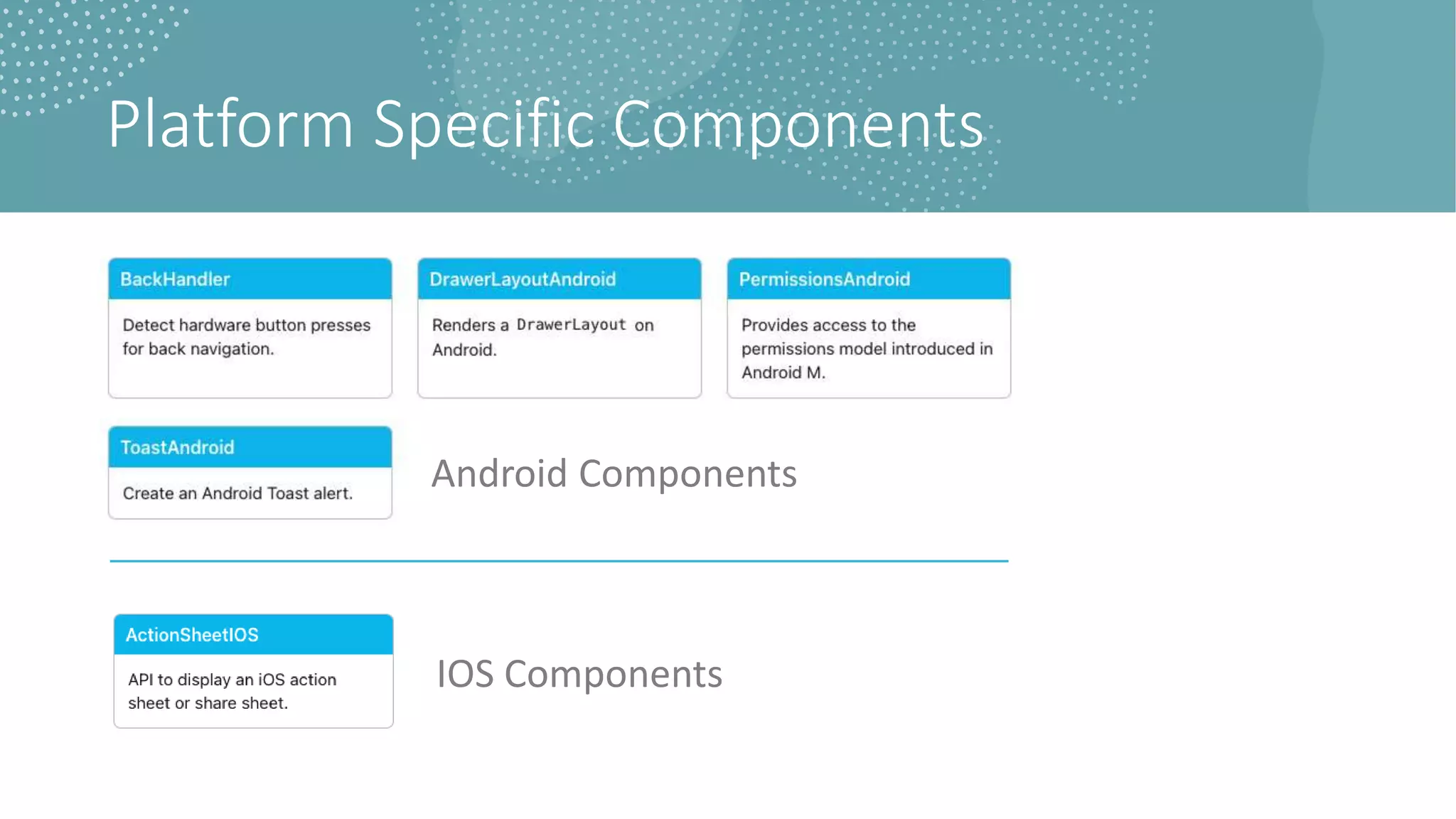 Platform Specific Components
Android Components
IOS Components
 