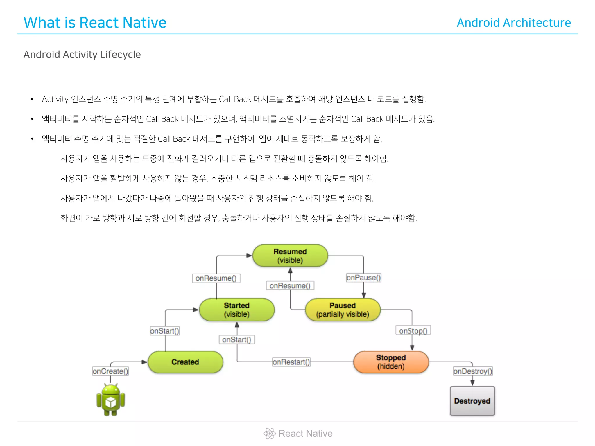 What is React Native Android Architecture
Android Activity Lifecycle
• Activity 인스턴스 수명 주기의 특정 단계에 부합하는 Call Back 메서드를 호출하여 해당 인스턴스 내 코드를 실행함.
• 액티비티를 시작하는 순차적인 Call Back 메서드가 있으며, 액티비티를 소멸시키는 순차적인 Call Back 메서드가 있음.
• 액티비티 수명 주기에 맞는 적절한 Call Back 메서드를 구현하여 앱이 제대로 동작하도록 보장하게 함.
사용자가 앱을 사용하는 도중에 전화가 걸려오거나 다른 앱으로 전환할 때 충돌하지 않도록 해야함.
사용자가 앱을 활발하게 사용하지 않는 경우, 소중한 시스템 리소스를 소비하지 않도록 해야 함.
사용자가 앱에서 나갔다가 나중에 돌아왔을 때 사용자의 진행 상태를 손실하지 않도록 해야 함.
화면이 가로 방향과 세로 방향 간에 회전할 경우, 충돌하거나 사용자의 진행 상태를 손실하지 않도록 해야함.
 