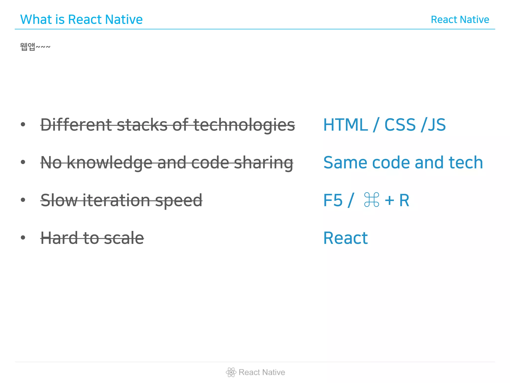 What is React Native React Native
웹앱~~~
• Different stacks of technologies
• No knowledge and code sharing
• Slow iteration speed
• Hard to scale
HTML / CSS /JS
Same code and tech
F5 / ⌘ + R
React
 