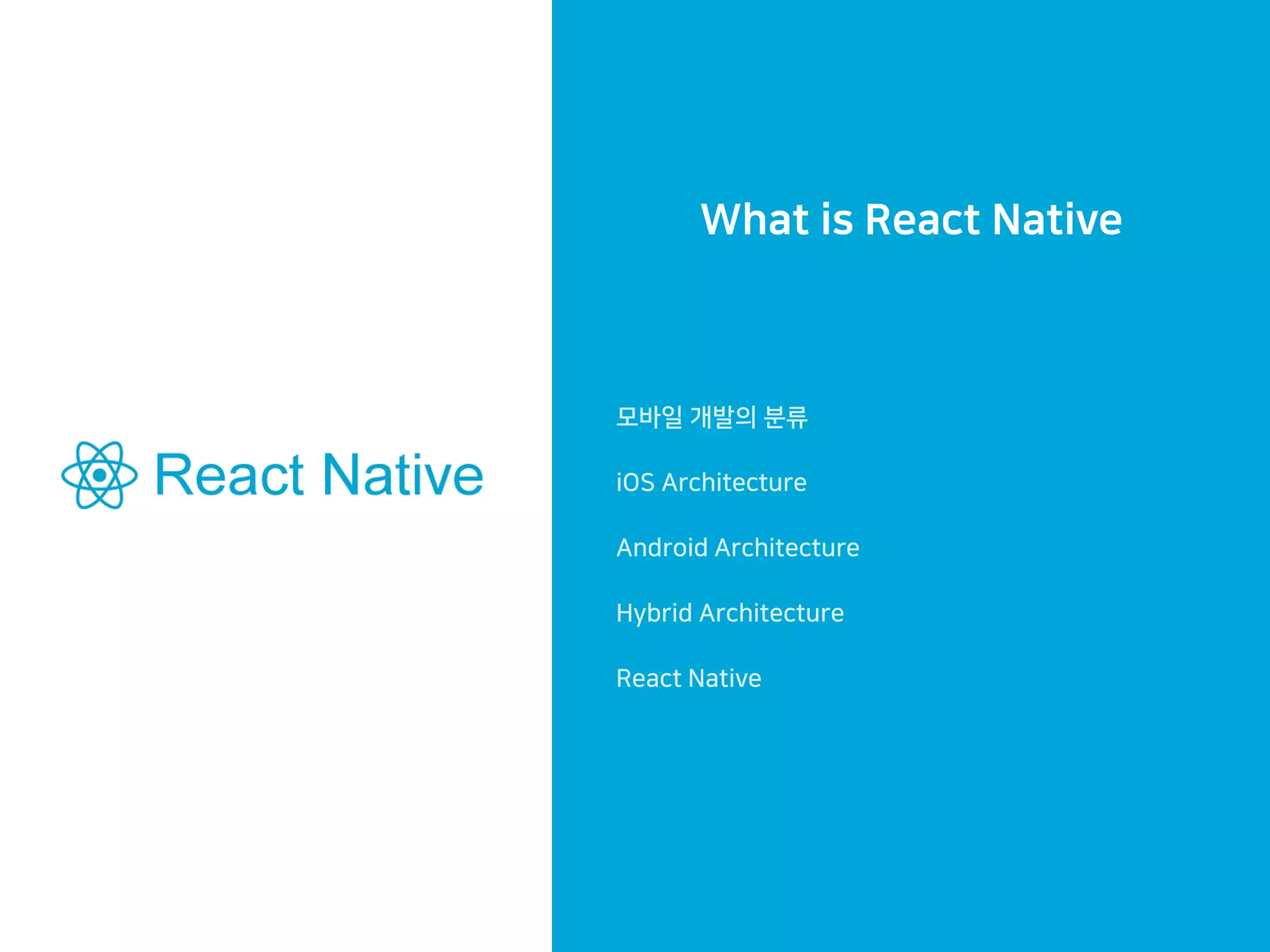What is React Native
모바일 개발의 분류
iOS Architecture
Android Architecture
Hybrid Architecture
React Native
 