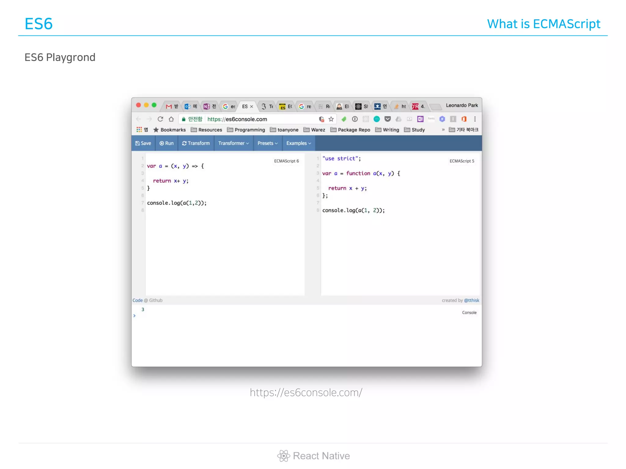ES6 What is ECMAScript
ES6 Playgrond
https://es6console.com/
 