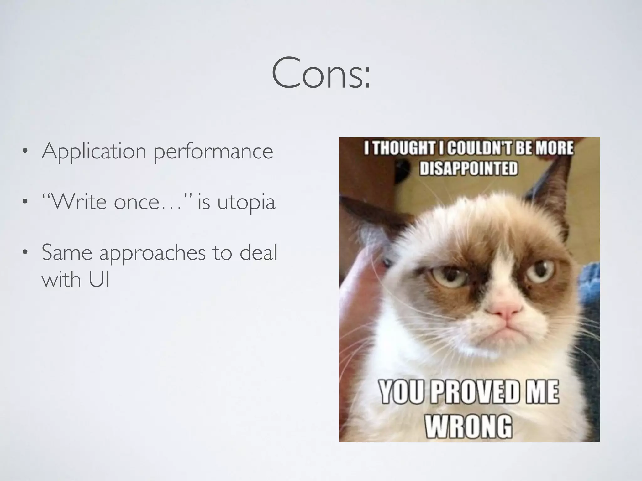 Cons:
• Application performance
• “Write once…” is utopia
• Same approaches to deal
with UI