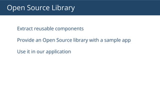 Open Source Library
Extract reusable components
Provide an Open Source library with a sample app
Use it in our application
 