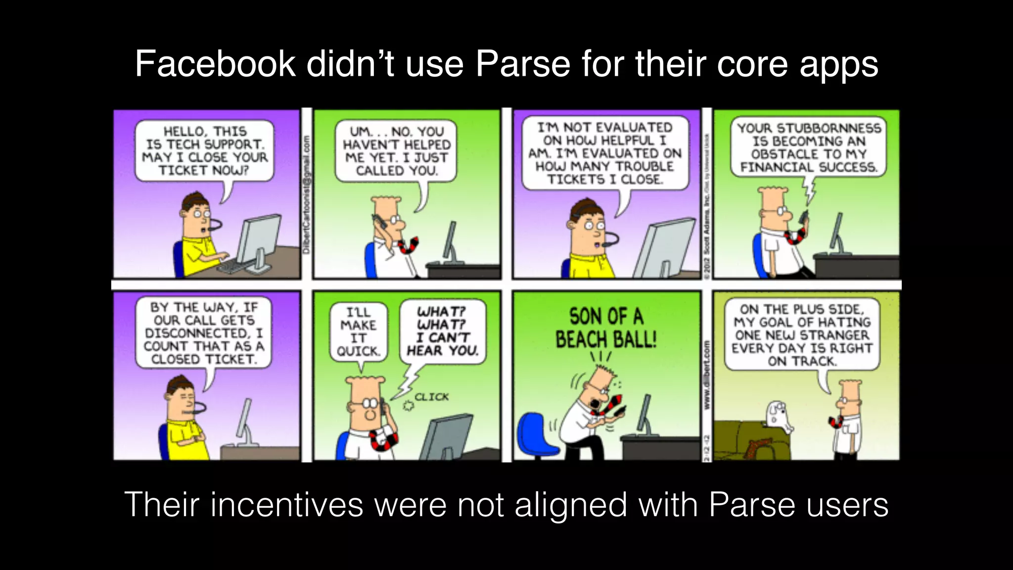 Facebook didn’t use Parse for their core apps
Their incentives were not aligned with Parse users
 