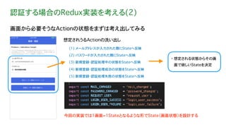 認証する場合のRedux実装を考える(2)
画面から必要そうなActionの状態をまずは考え出してみる
想定されうるActionの洗い出し
(2) パスワードが入力された際にStateへ反映
(3) 新規登録・認証処理中の状態をStateへ反映
(1) メールアドレスが入力された際にStateへ反映
(4) 新規登録・認証処理成功の状態をStateへ反映
(5) 新規登録・認証処理失敗の状態をStateへ反映
今回の実装では1画面=1Stateとなるような形でState（画面状態）を設計する
・ 想定される状態からその画
面で欲しいStateを決定
 