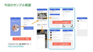 今回のサンプル概要
チュートリアル〜認証
下のタブから切替表示
ドロワーから選択表示・Githubサンプル (諸々整理中です…)
https://goo.gl/Z86gLc
 