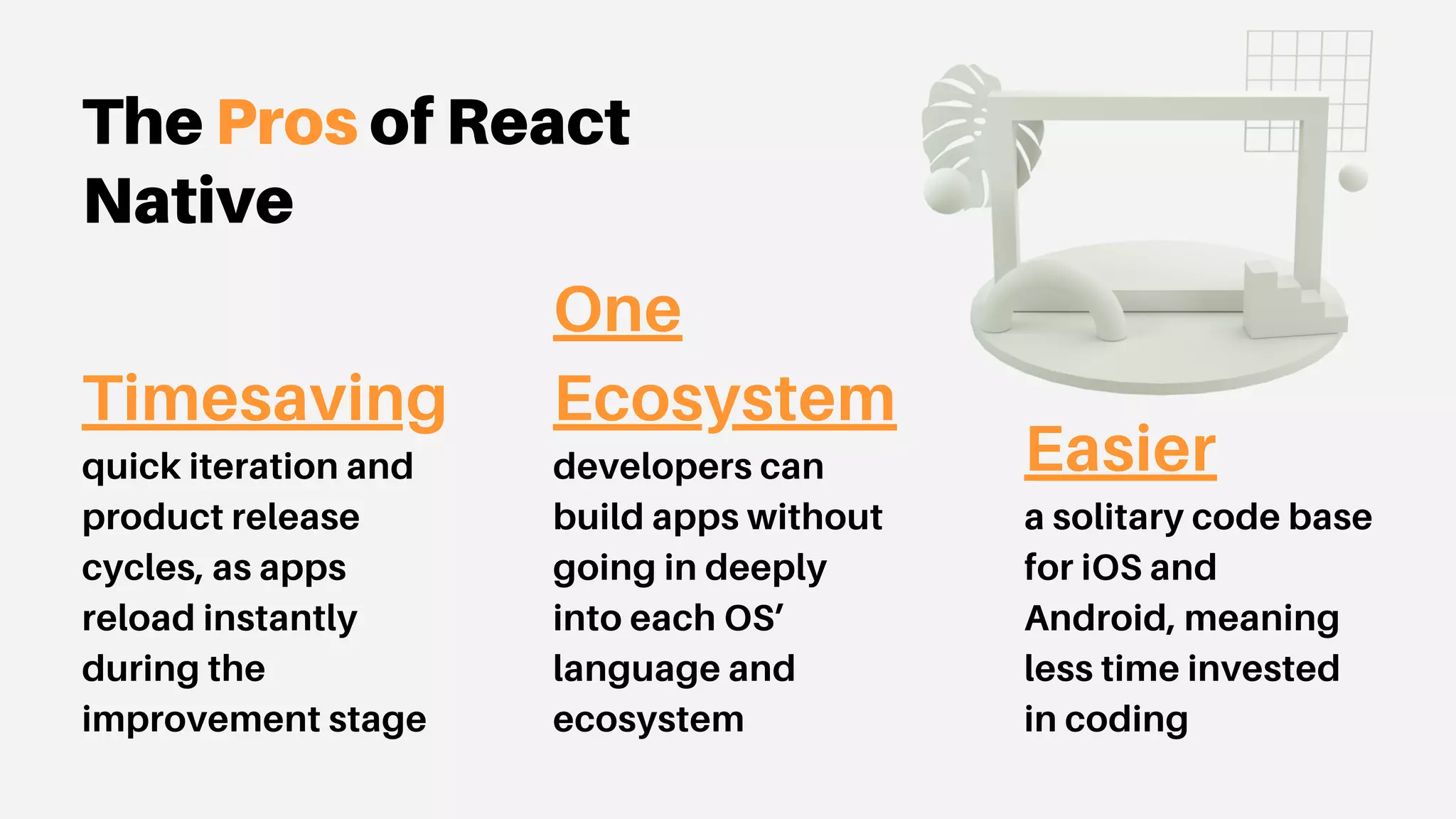 The Pros of React
Native
Easier
a solitary code base
for iOS and
Android, meaning
less time invested
in coding
Timesaving
quick iteration and
product release
cycles, as apps
reload instantly
during the
improvement stage
One
Ecosystem
developers can
build apps without
going in deeply
into each OS’
language and
ecosystem
 