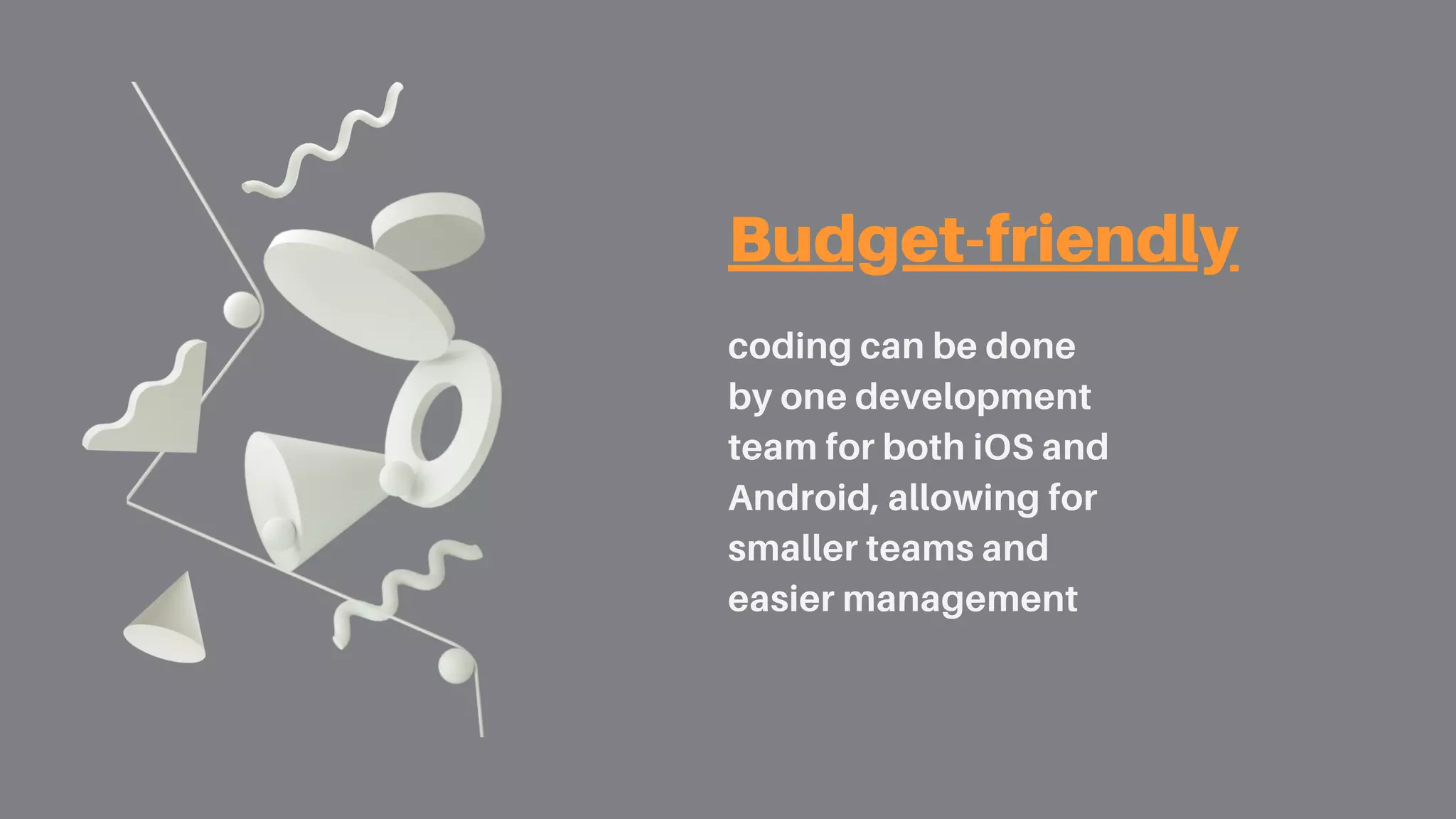 Budget-friendly
coding can be done
by one development
team for both iOS and
Android, allowing for
smaller teams and
easier management
 