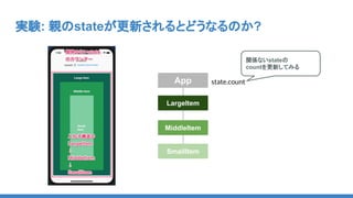 実験: 親のstateが更新されるとどうなるのか?
App state.count
LargeItem
MiddleItem
SmallItem
関係ないstateの
countを更新してみる
 