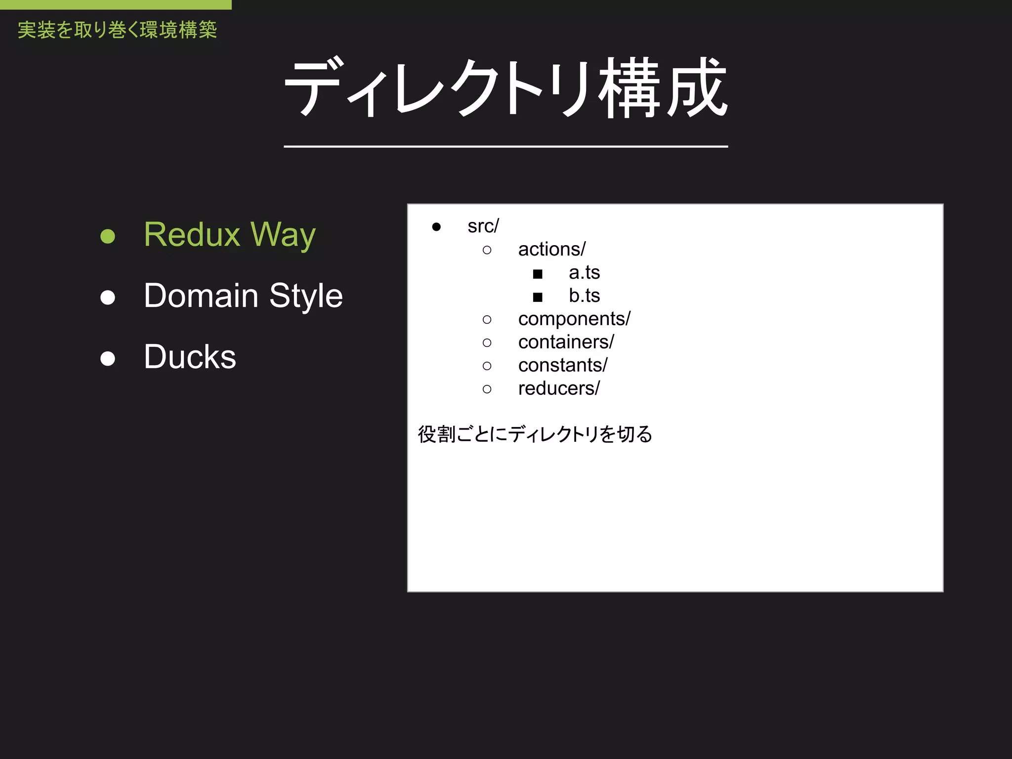 ディレクトリ構成
● Redux Way
● Domain Style
● Ducks
● src/
○ actions/
■ a.ts
■ b.ts
○ components/
○ containers/
○ constants/
○ reducers/
役割ごとにディレクトリを切る
実装を取り巻く環境構築
 