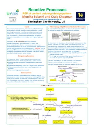 Reactive Processes
                                                               REP: A content ontology design pattern                                                                                                                       This P
                                                               Monika	
  Solanki	
  and	
  Craig	
  Chapman	
                                                                                                               (versi
                                                                                                                                                                                                                            comm
                                                                                    {monika.solanki,	
  craig.chapman}@bcu.ac.uk	
  
                                                                                                                                                                                                                            If you
                                                                          Birmingham	
  City	
  University,	
  UK	
                                                                                                         temp
e day
                                                                   Intent                                            Pattern Usage: Algal Biomass Production Processes
         Many scenarios in the engineering, manufacturing and biotechnologies                                    As an exemplifier for the pattern, we showcase the application of REP to
de       sectors employ “reactive” processes, usually carried out in a closed                                    an ontology that models algal biomass production processes.                                                Verif
our      system, e.g., a bioreactor in which a chemical process is carried out,                                                                                                                                             Go to
         which involves organisms or biochemically active substances derived                                                                                                                                                prefe
         from such organisms. Such processes consume inputs and produce                                                                                                                                                     size o
         outputs in a controlled environment and on being triggered by certain
                                                                                                                                                                                                                            printe
         events.
                                                                                                                                                                                                                            look l
         The remit of the REactor                           Pattern (REP) is to enable the                                                                                                                                  evalu
         ontological modelling of reactive processes in a generic way                                            As illustrated in the Figure above, the set of inputs to the process of algal                              subm
         across multiple domains. Reactive processes are parametric where                                        biomass cultivation are Carbon, water, total infrastructure area, total
                                                                                                                 energy, nutrients, consumables and labour. Possible outputs from the
         the governing parameters are process inputs and outputs. REP is especially                                                                                                                                         Using
         targeted towards modelling reactive processes with a “black box” view of                                process are algal constituent products, indirect algal products, uncaptured
                                                                                                                                                                                                                            To ad
         the process. REP provides ontological placeholders for input and output                                 gas emission, liquid waste output, solid waste output. Some environmental
                                                                                                                 conditions that must hold for the algae to be harvested are,
                                                                                                                                                                                                                            and t
         parameters, environmental conditions and events. The pattern exploits
         other CPs for the definition of certain entities.                                                       !   The water must be in a temperature range that will support the specific                                click
                                                                                                                     algal species being grown.                                                                             frame
                                                          Competency Questions                                   !   The pH range for most cultured algal species should be between 7                                       Then,
                                                                                                                     and 9, with the optimum range being 8.2-8.7.                                                           you c
         !   What are the “types” of inputs consumed by a certain process?
e                                                                                                                The event that triggers of the algae cultivation is the addition of                                        be fo
         !   What are the “types” of outputs produced by a certain process?
         !   What are the values of input and output parameters for a certain                                    the source culture to the growing containers or reactors.
             process?                                                                                                                                                                                                       Modif
                                                                                                                 The figure below illustrates the application of REP to the use case.
         !   What are the measurement criteria for a certain process parameters?                                                                                                                                            This t
to       !   What environmental conditions need to hold for a process to get                                                                                                                                                colum
             activated?                                                                                                                                                                                                     mous
         !   Which events trigger specific processes?
 n                                                                                                                                                                                                                          click
                                                             Consequences                                                                                                                                                    layou
                                                                                                                                                                                                                            the p
         REP provides ontological modelling primitives that govern reactive
         processes across several domains, independent of modelling details of the
                                                                                                                                                                                                                            advan
         actual reactor involved. This effectively caters for exposing a black box                                                                                                                                          and t
         view of the process, which is very desirable when querying the model for
ter to   consumption and production logistics of the process.                                                                                                                                                               Impo
                                                                                                                 Graphs produced using Graffoo (http://dwellonit.svn.sourceforge.net/viewvc/dwellonit/GraFFOO/index.html)
                                                                                                                                                                                                                            TEXT
                                                                                                The	
  REactor	
  Pa6ern	
                                                                                                  place
                                                                                                                                                                                                                            side o
                                                                                                                                                                                                                            PHOT
                                                                                                                                                                                                                            in it a
  it                                                                                                                                                                                                                        TABL
r.                                                                                                                                                                                                                          exter
                                                                                                                                                                                                                            the w
                                                                                                                                                                                                                            been
                                                                                                                                                                                                                            SHAP
                                                                                                                                                                                                                            MARG

                                                                                                                                                                                                                            Modif
                                                                                                                                                                                                                            To ch
                                                                                                                                                                                                                            “Desi
                                                                                                                                                                                                                            from
                                                                                                                                                                                                                            your


                                                                                                                                                                                                                            ©	
  20
                                                                                                                                                                                                                            	
  	
  	
  	
  21
                                                                                                                                                                                                                            	
  	
  	
  	
  Ber
             RESEARCH POSTER PRESENTATION DESIGN © 2012

             www.PosterPresentations.com
                                                                                                                                                                                                                            	
  	
  	
  	
  po
 