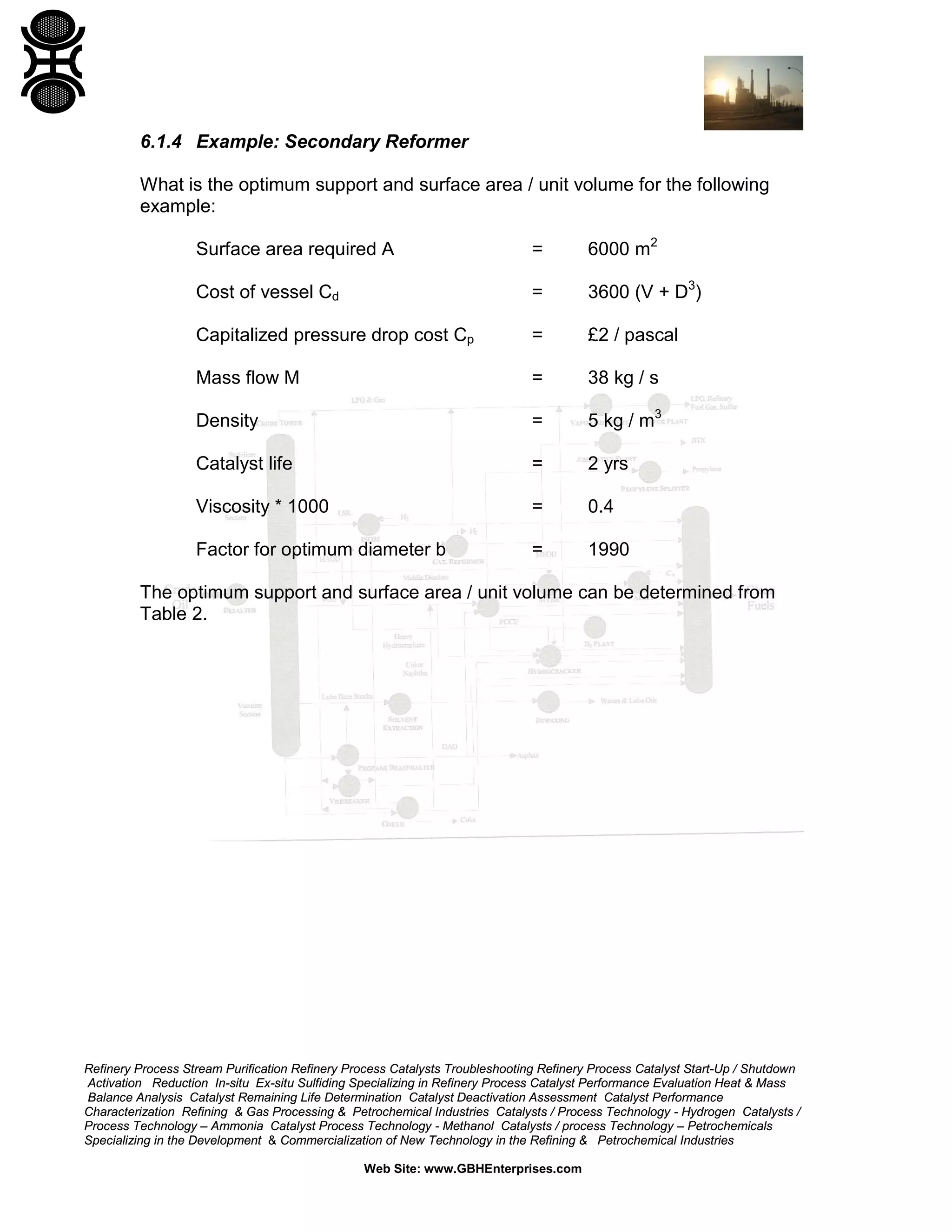 6.1.4 Example: Secondary Reformer
What is the optimum support and surface area / unit volume for the following
example:
Surface area required A

=

6000 m2

Cost of vessel Cd

=

3600 (V + D3)

Capitalized pressure drop cost Cp

=

£2 / pascal

Mass flow M

=

38 kg / s

Density

=

5 kg / m3

Catalyst life

=

2 yrs

Viscosity * 1000

=

0.4

Factor for optimum diameter b

=

1990

The optimum support and surface area / unit volume can be determined from
Table 2.

Refinery Process Stream Purification Refinery Process Catalysts Troubleshooting Refinery Process Catalyst Start-Up / Shutdown
Activation Reduction In-situ Ex-situ Sulfiding Specializing in Refinery Process Catalyst Performance Evaluation Heat & Mass
Balance Analysis Catalyst Remaining Life Determination Catalyst Deactivation Assessment Catalyst Performance
Characterization Refining & Gas Processing & Petrochemical Industries Catalysts / Process Technology - Hydrogen Catalysts /
Process Technology – Ammonia Catalyst Process Technology - Methanol Catalysts / process Technology – Petrochemicals
Specializing in the Development & Commercialization of New Technology in the Refining & Petrochemical Industries
Web Site: www.GBHEnterprises.com

 