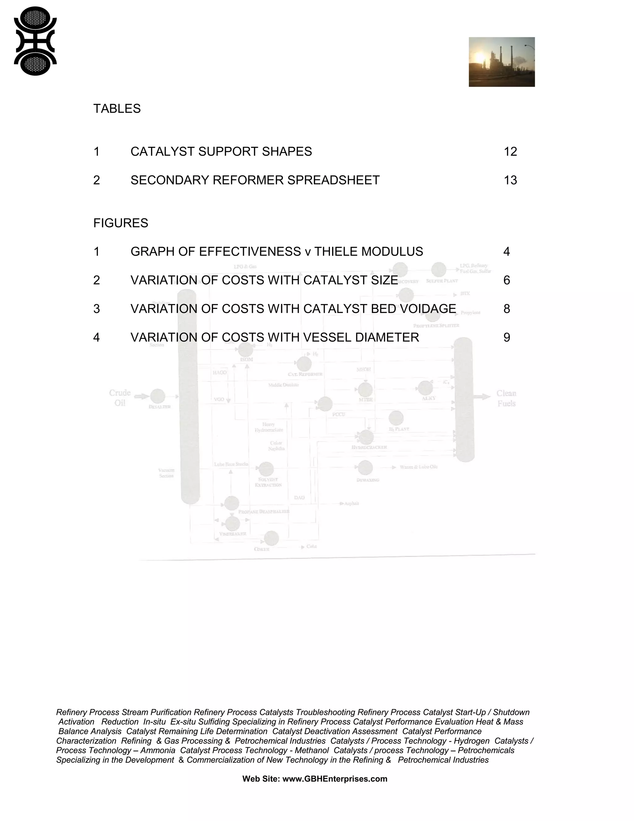 TABLES

1

CATALYST SUPPORT SHAPES

12

2

SECONDARY REFORMER SPREADSHEET

13

FIGURES
1

GRAPH OF EFFECTIVENESS v THIELE MODULUS

4

2

VARIATION OF COSTS WITH CATALYST SIZE

6

3

VARIATION OF COSTS WITH CATALYST BED VOIDAGE

8

4

VARIATION OF COSTS WITH VESSEL DIAMETER

9

Refinery Process Stream Purification Refinery Process Catalysts Troubleshooting Refinery Process Catalyst Start-Up / Shutdown
Activation Reduction In-situ Ex-situ Sulfiding Specializing in Refinery Process Catalyst Performance Evaluation Heat & Mass
Balance Analysis Catalyst Remaining Life Determination Catalyst Deactivation Assessment Catalyst Performance
Characterization Refining & Gas Processing & Petrochemical Industries Catalysts / Process Technology - Hydrogen Catalysts /
Process Technology – Ammonia Catalyst Process Technology - Methanol Catalysts / process Technology – Petrochemicals
Specializing in the Development & Commercialization of New Technology in the Refining & Petrochemical Industries
Web Site: www.GBHEnterprises.com

 