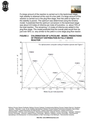 Refinery Process Stream Purification Refinery Process Catalysts Troubleshooting Refinery Process Catalyst Start-Up / Shutdown
Activation Reduction In-situ Ex-situ Sulfiding Specializing in Refinery Process Catalyst Performance Evaluation Heat & Mass
Balance Analysis Catalyst Remaining Life Determination Catalyst Deactivation Assessment Catalyst Performance
Characterization Refining & Gas Processing & Petrochemical Industries Catalysts / Process Technology - Hydrogen Catalysts /
Process Technology – Ammonia Catalyst Process Technology - Methanol Catalysts / process Technology – Petrochemicals
Specializing in the Development & Commercialization of New Technology in the Refining & Petrochemical Industries
Web Site: www.GBHEnterprises.com
If a large amount of the reaction is carried out in the backmixed stage,
high stability is obtained at the cost of a low yield. If a large amount of the
reaction is carried out in the plug flow stage, then the yield is higher but
the stability is poorer. The optimum was determined using the kinetics
model. It predicted that the optimum conversion in the backmixed stage
was about 2.8 moles of chlorine per mole of b-picoline, i.e. about 70% of
the total reaction. The remaining 1.2 moles of chlorine are added in the
plug flow stage. The model predicted that the overall yield would then be
just over 50% i.e. very similar to the yield in a one stage plug flow reactor.
FIGURE 2 CHLORINATION OF b-PICOLINE : MODEL PREDICTIONS
OF PRODUCT DISTRIBUTION IN FULLY-MIXED
REACTOR
 
