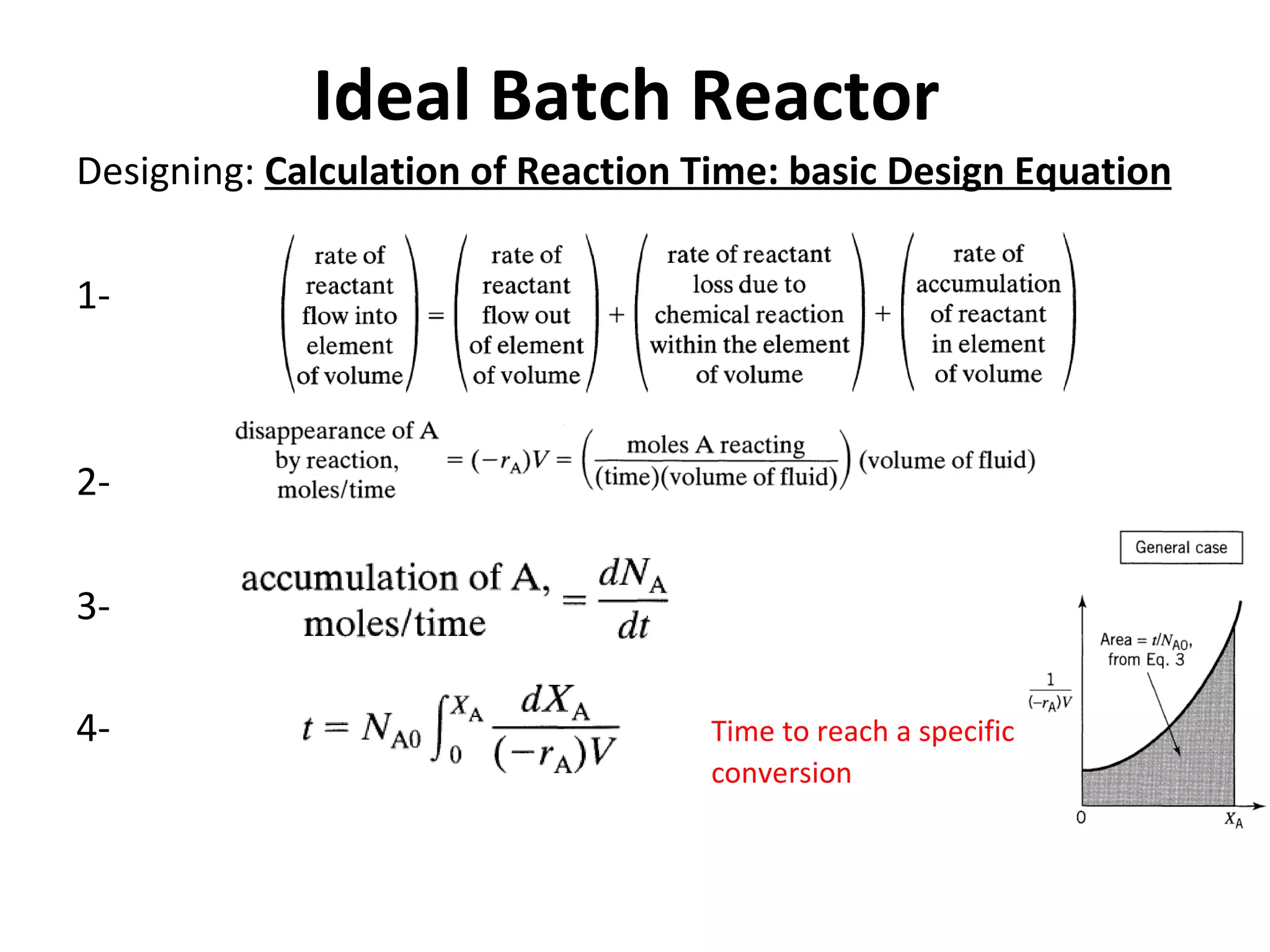 Ideal Batch Reactor Designing: Calculation of Reaction Time: basic Design Equation 1- 2- 3- 4- Time to reach a specific conversion