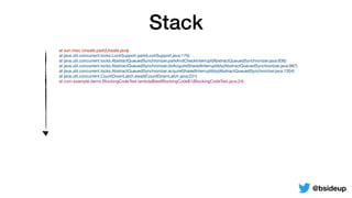 Stack
@bsideup
	 at sun.misc.Unsafe.park(Unsafe.java)

	 at java.util.concurrent.locks.LockSupport.park(LockSupport.java:175)

	 at java.util.concurrent.locks.AbstractQueuedSynchronizer.parkAndCheckInterrupt(AbstractQueuedSynchronizer.java:836)

	 at java.util.concurrent.locks.AbstractQueuedSynchronizer.doAcquireSharedInterruptibly(AbstractQueuedSynchronizer.java:997)

	 at java.util.concurrent.locks.AbstractQueuedSynchronizer.acquireSharedInterruptibly(AbstractQueuedSynchronizer.java:1304)

	 at java.util.concurrent.CountDownLatch.await(CountDownLatch.java:231)

	 at com.example.demo.BlockingCodeTest.lambda$testBlockingCode$1(BlockingCodeTest.java:24)

	 at reactor.core.publisher.FluxMap$MapSubscriber.onNext(FluxMap.java:100)

	 at reactor.core.publisher.FluxSubscribeOn$SubscribeOnSubscriber.onNext(FluxSubscribeOn.java:151)

	 at reactor.core.publisher.FluxRange$RangeSubscription.fastPath(FluxRange.java:129)

	 at reactor.core.publisher.FluxRange$RangeSubscription.request(FluxRange.java:107)

	 at reactor.core.publisher.FluxSubscribeOn$SubscribeOnSubscriber.requestUpstream(FluxSubscribeOn.java:131)

	 at reactor.core.publisher.FluxSubscribeOn$SubscribeOnSubscriber.onSubscribe(FluxSubscribeOn.java:124)

	 at reactor.core.publisher.FluxRange.subscribe(FluxRange.java:68)

	 at reactor.core.publisher.Flux.subscribe(Flux.java:7800)

	 at reactor.core.publisher.FluxSubscribeOn$SubscribeOnSubscriber.run(FluxSubscribeOn.java:194)

	 at reactor.core.scheduler.ReactorBlockHoundIntegration$Wrapper.run(ReactorBlockHoundIntegration.java:56)

	 at reactor.core.scheduler.WorkerTask.call(WorkerTask.java:84)

	 at reactor.core.scheduler.WorkerTask.call(WorkerTask.java:37)

	 at java.util.concurrent.FutureTask.run(FutureTask.java:266)

	 at java.util.concurrent.ScheduledThreadPoolExecutor$ScheduledFutureTask.access$201(ScheduledThreadPoolExecutor.java:180)

	 at java.util.concurrent.ScheduledThreadPoolExecutor$ScheduledFutureTask.run(ScheduledThreadPoolExecutor.java:293)

	 at java.util.concurrent.ThreadPoolExecutor.runWorker(ThreadPoolExecutor.java:1149)

	 at java.util.concurrent.ThreadPoolExecutor$Worker.run(ThreadPoolExecutor.java:624)

	 at java.lang.Thread.run(Thread.java:748)
 