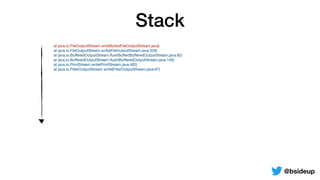 Stack
@bsideup
	 at java.io.FileOutputStream.writeBytes(FileOutputStream.java)

	 at java.io.FileOutputStream.write(FileOutputStream.java:326)

	 at java.io.BuﬀeredOutputStream.ﬂushBuﬀer(BuﬀeredOutputStream.java:82)

	 at java.io.BuﬀeredOutputStream.ﬂush(BuﬀeredOutputStream.java:140)

	 at java.io.PrintStream.write(PrintStream.java:482)

	 at java.io.FilterOutputStream.write(FilterOutputStream.java:97)
 