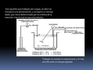 Son aquellos que trabajan por cargas, es decir se
introduce una alimentación, y se espera un tiempo
dado, que viene determinado por la cinética de la
reacción, tras el cual se saca el producto.
Trabajan en estado no estacionario y el más
sencillo sería un tanque agitado.
 
