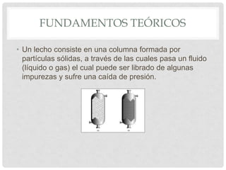 FUNDAMENTOS TEÓRICOS
• Un lecho consiste en una columna formada por
partículas sólidas, a través de las cuales pasa un fluido
(líquido o gas) el cual puede ser librado de algunas
impurezas y sufre una caída de presión.
 