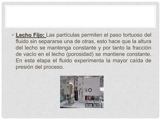 • Lecho Fijo: Las partículas permiten el paso tortuoso del
fluido sin separarse una de otras, esto hace que la altura
del lecho se mantenga constante y por tanto la fracción
de vacío en el lecho (porosidad) se mantiene constante.
En esta etapa el fluido experimenta la mayor caída de
presión del proceso.
 