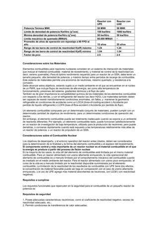 Reactor con
UPE
Potencia Térmica MWt
Límite de densidad de potencia Kw/litro (q"ave)
Mínima densidad de potencia Kw/litro (q"ave)
Limite mecánico de quemado (MWd/t)
Promedio de años de operación sin repostaje a 60 FPD al
año
Rango de las barra de control de reactividad K(eff) máximo
Rango de las barra de control de reactividad K(eff) mínimo
Factor de pico

Reactor con
UAE

50 MWt
100 kw/litro
50 kw/litro
60.000 MWd/t

50 MWt
1000 kw/litro
50 kw/litro
-

10 años
1.24
1.04
2.5

20 años
1.24
1.04
2.5

Consideraciones sobre los Materiales
Elementos combustibles para reactores nucleares consisten en un sistema de interacción de materiales
que incluye el material combustible, material de revestimiento, y material de control de la reactividad (es
decir, veneno quemable). Para el óptimo rendimiento requerido para un reactor de un SSN, debe tener un
tamaño pequeño, alta densidad de potencia, y máximo tiempo entre períodos de recarga de combustible.
Este sistema de materiales permite una economía de neutrones, máximo quemado, y resistencia a la
corrosión.
Debe alcanzar estos objetivos, estando sujeto a un medio ambiente en el que se encuentran en el núcleo
de un PWR, que incluye flujos de neutrones de alta energía, así como alta temperatura de
funcionamiento, presiones del sistema, gradientes térmicos y el flujo de calor.
También es de gran importancia la compatibilidad química de los materiales de los elementos combustible
con respecto a los demás, y con el refrigerante del reactor (es decir H2O). Los materiales también deben
ser capaces de resistir transitoriamente condiciones anormales, sin fallos, y mantener la geometría
refrigerable en condiciones de accidente como un LOCA ((loss-of-cooling-accident o Accidente por
perdida de líquido refrigerante) o LOFA (loas-of-flow-accident o Accidente por perdida de flujo).
Un elemento combustible compuesto por un determinado conjunto de materiales, pueden cumplir con un
determinada cantidad de objetivos de rendimiento, para un determinadas condiciones de operación del
reactor.
Sin embargo, el elemento combustible puede ser totalmente inadecuado cuando se expone a un ambiente
de reactores diferentes. Por ejemplo, un elemento combustible dado, puede funcionan satisfactoriamente
en un reactor de investigación de baja temperatura, utilizado para la producción de neutrones, pero puede
derretirse, o corroerse rápidamente cuando está expuesto a las temperaturas relativamente más altas de
un reactor de potencia, o un reactor de propulsión de un SSN.
Consideraciones sobre el Combustible Nuclear
Los objetivos de desempeño, y el entorno operativo del reactor antes citados, deben ser considerados
para la determinación de la finalidad y la forma del elemento combustible y el espesor del revestimiento.
El componente central y más importante de un reactor nuclear es el material combustible en el que
la energía se produce a partir del proceso de fisión nuclear.
En la mayoría de los casos, la vida útil del elemento de combustible está limitada por el mismo material
combustible. Para un reactor alimentado con uranio altamente enriquecido, la vida operacional del
elemento de combustible es a menudo limitado por el comportamiento mecánico del combustible cuando
es irradiado en el medio ambiente del reactor. Para el reactor alimentado con uranio poco enriquecido, el
curso de la vida es a menudo limitado por la reactividad disponible suministrada por el elemento
combustible. La limitación de la reactividad de los resultados de combustible con UPE tiene dos efectos,
la concentración de material fisionable puede ser baja en comparación con el caso de uranio altamente
enriquecido, y el uso de UPE agrega mas material absorbentes de neutrones, con U238 ( con reactividad
negativa).
Requisitos a cumplirse
Los requisitos funcionales que repercuten en la seguridad para el combustible de un pequeño reactor de
potencia es:
Requisitos de seguridad
1. Posee adecuadas características neutrónicas, como el coeficiente de reactividad negativo, exceso de
reactividad adecuado, etc.;
2. Permitir condiciones de transferencia de calor adecuadas;

 