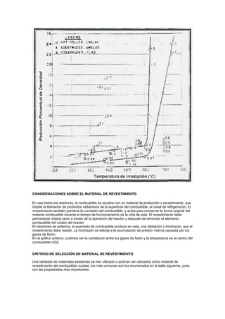 CONSIDERACIONES SOBRE EL MATERIAL DE REVESTIMIENTO
En casi todos los reactores, el combustible se recubre con un material de protección o revestimiento, que
impide la liberación de productos radiactivos de la superficie del combustible, al canal de refrigeración. El
revestimiento también previene la corrosión del combustible, y actúa para conservar la forma original del
material combustible durante el tiempo de funcionamiento de la vida de este. El revestimiento debe
permanecer intacto tanto a través de la operación del reactor y después de removido el elemento
combustible del núcleo del reactor.
En reactores de potencia, el quemado de combustible produce en este, una dilatación o hinchazón, que el
revestimiento debe resistir. La hinchazón es debida a la acumulación de presión interna causada por los
gases de fisión.
En el gráfico anterior, pudimos ver la correlación entre los gases de fisión y la temperatura en el centro del
combustible UO2.

CRITERIO DE SELECCIÓN DE MATERIAL DE REVESTIMIENTO
Una variedad de materiales existentes se han utilizado o podrían ser utilizados como material de
revestimiento del combustible nuclear, los más comunes son los enumerados en la tabla siguiente, junto
con las propiedades más importantes.

 