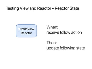 Testing View and Reactor - Reactor State
When:
receive follow action
Then:
update following state
ProfileView
Reactor
 