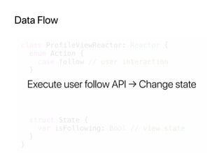 Data Flow
class ProfileViewReactor: Reactor {
enum Action {
case follow // user interaction
}
struct State {
var isFollowing: Bool // view state
}
}
Execute user follow API → Change state
 