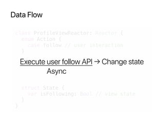 Data Flow
class ProfileViewReactor: Reactor {
enum Action {
case follow // user interaction
}
struct State {
var isFollowing: Bool // view state
}
}
Execute user follow API → Change state
Async
 